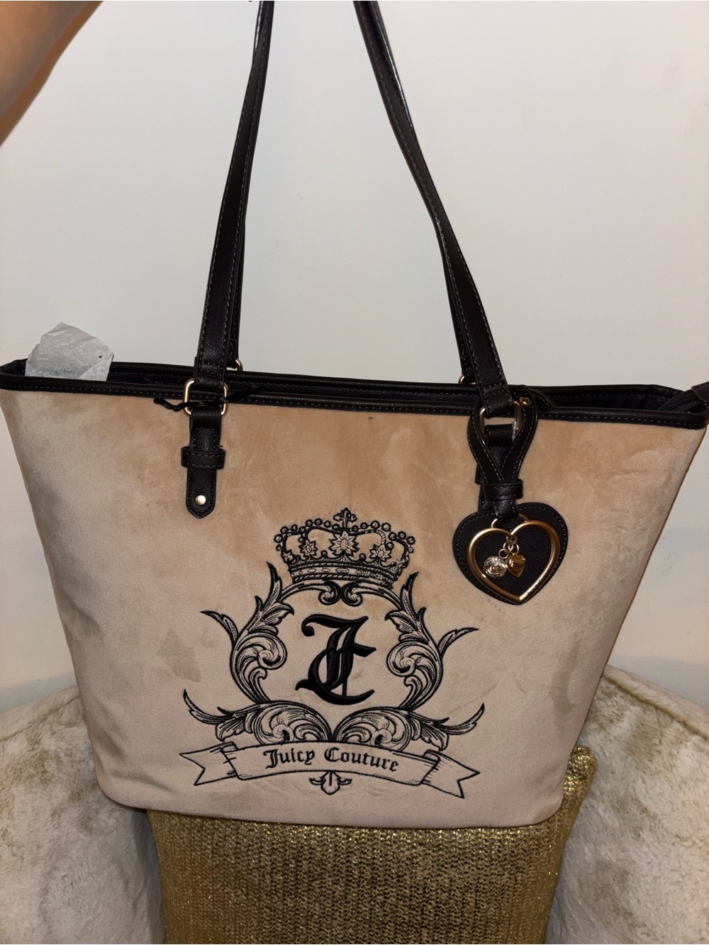 Juicy Couture Beige and Black Heart Charm Tote